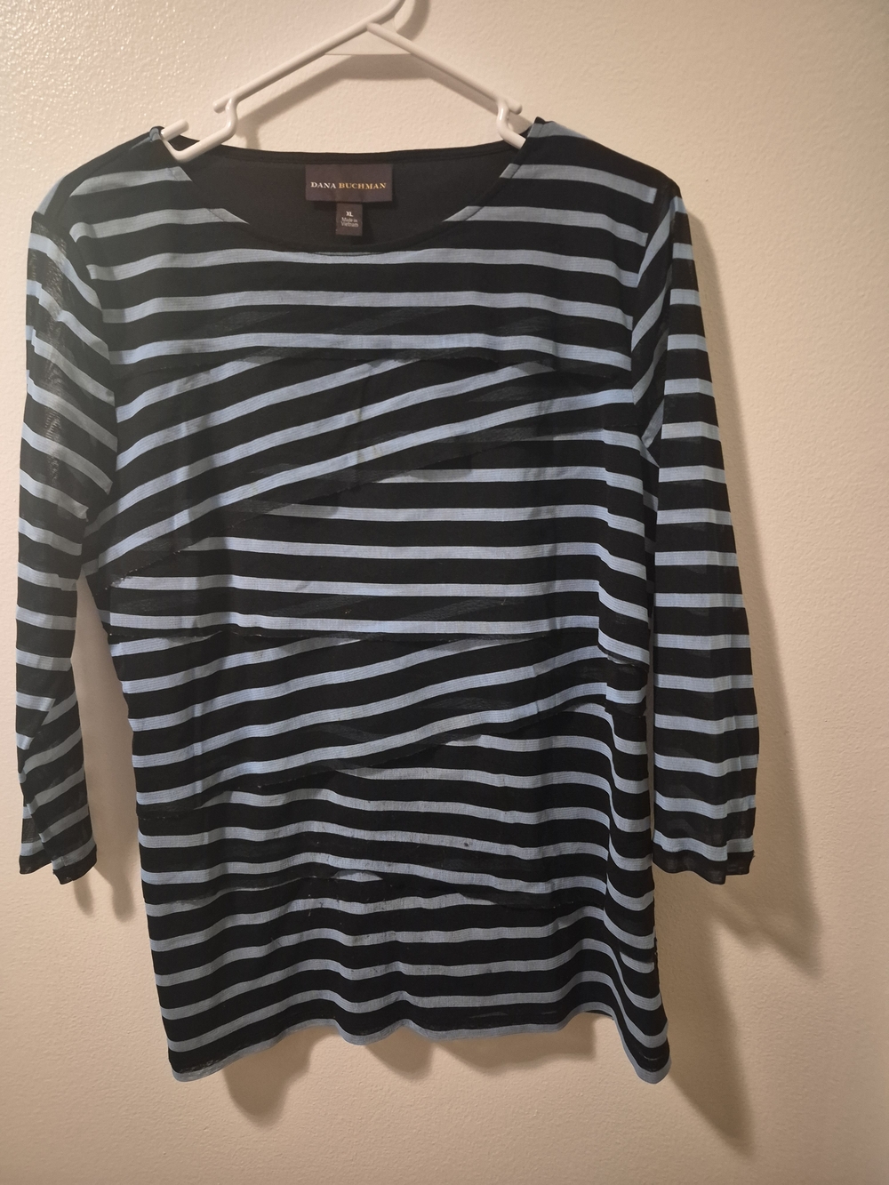 Dana Buchman Black and Light Blue Striped 3/4 Sleeve Top